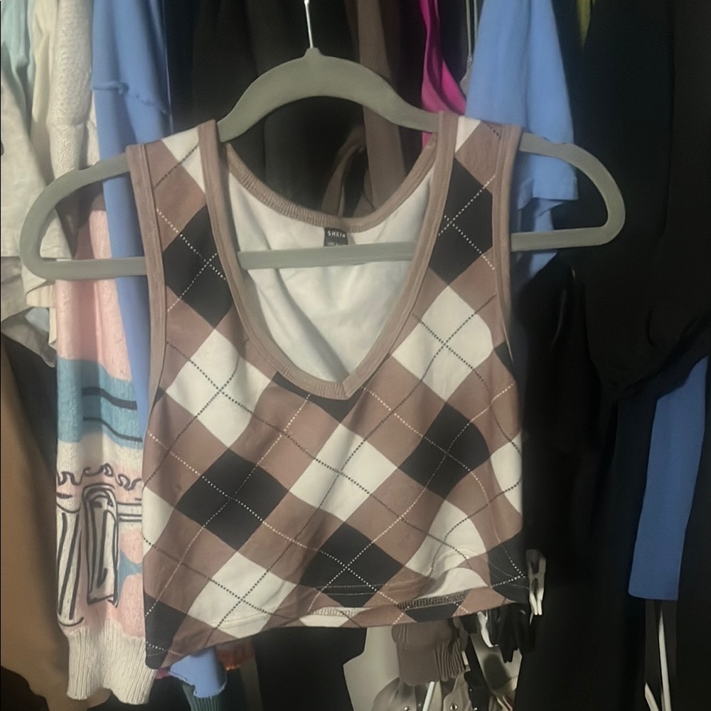 SHEIN Argyle Knit Top in Brown and White